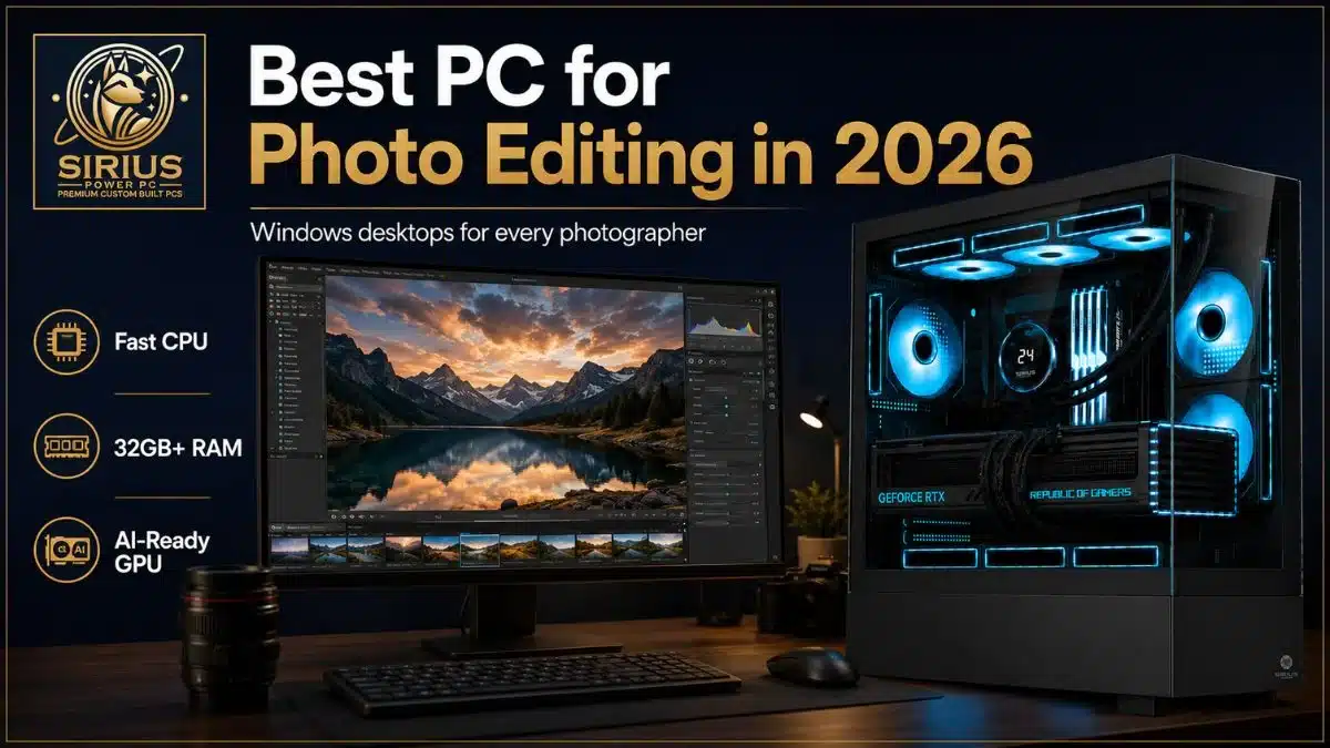 Best PC for photo editing: Premium Windows desktop setup with monitor running image editing software.