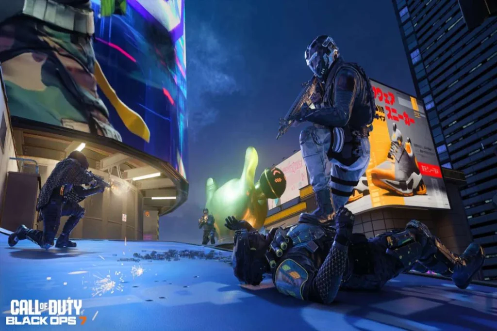 Call of Duty Black Ops 7 operator finishes enemy in neon-lit city map from Season 1 Reloaded