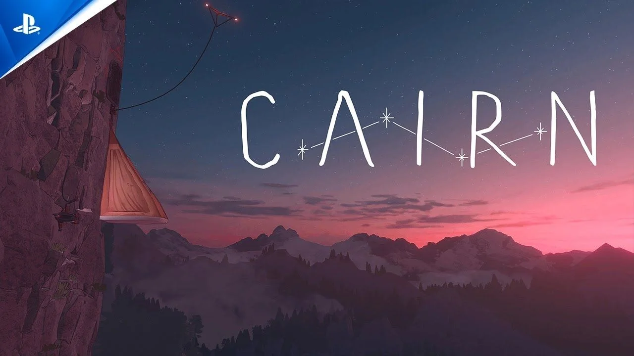 Cairn PS5 indie climbing game key art showing a cliffside tent at sunset with the Cairn logo over mountain peaks