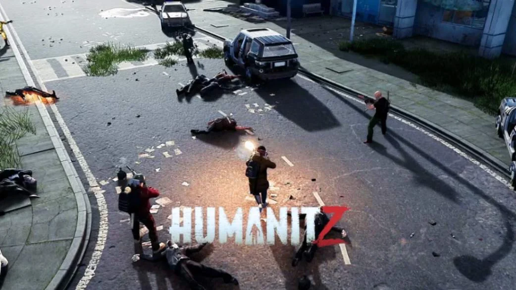 HumanitZ co-op players in urban combat scene fighting zombies on a blood-stained street with wrecked vehicles during version 1.0 gameplay