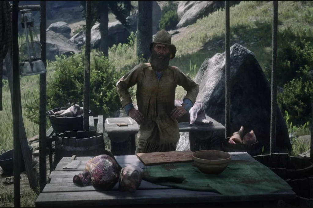 NPC vendor in Red Dead Redemption 2 mod standing behind a creature loot table in a wilderness setting for the Pokémon-style RPG mod