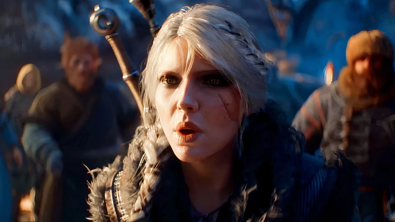 Close-up of a fierce female warrior with white hair and scarred face from The Witcher 4 cinematic trailer, surrounded by NPCs in a snowy Northern setting