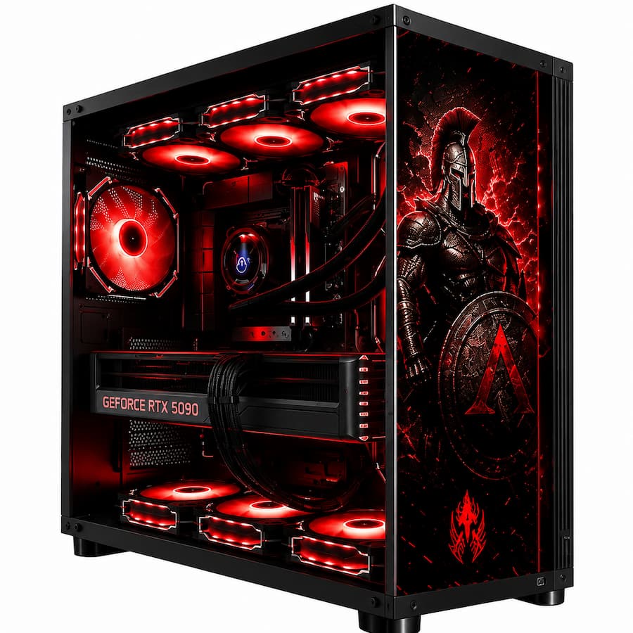 ares gaming PC with crimson lighting, high-airflow cooling, and competitive battlefield theme Ryzen 7 9800X3D gaming PC, Ares V1, Ares gaming PC, Radeon RX 9070 gaming PC, RTX 5070 gaming PC, Ryzen 7 9800X3D PC, Matrix Series gaming PC, 1440p gaming PC, 4K gaming PC, AM5 gaming PC, B850 gaming PC, DDR5 gaming PC, 32GB DDR5 gaming PC, 2TB NVMe gaming PC, streaming PC, content creation PC, video editing PC
